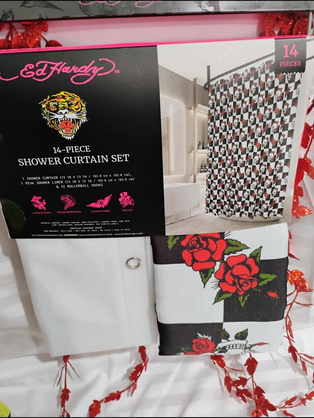 Ed Hardy Black, White & Red Checker Rose Shower Curtain Set